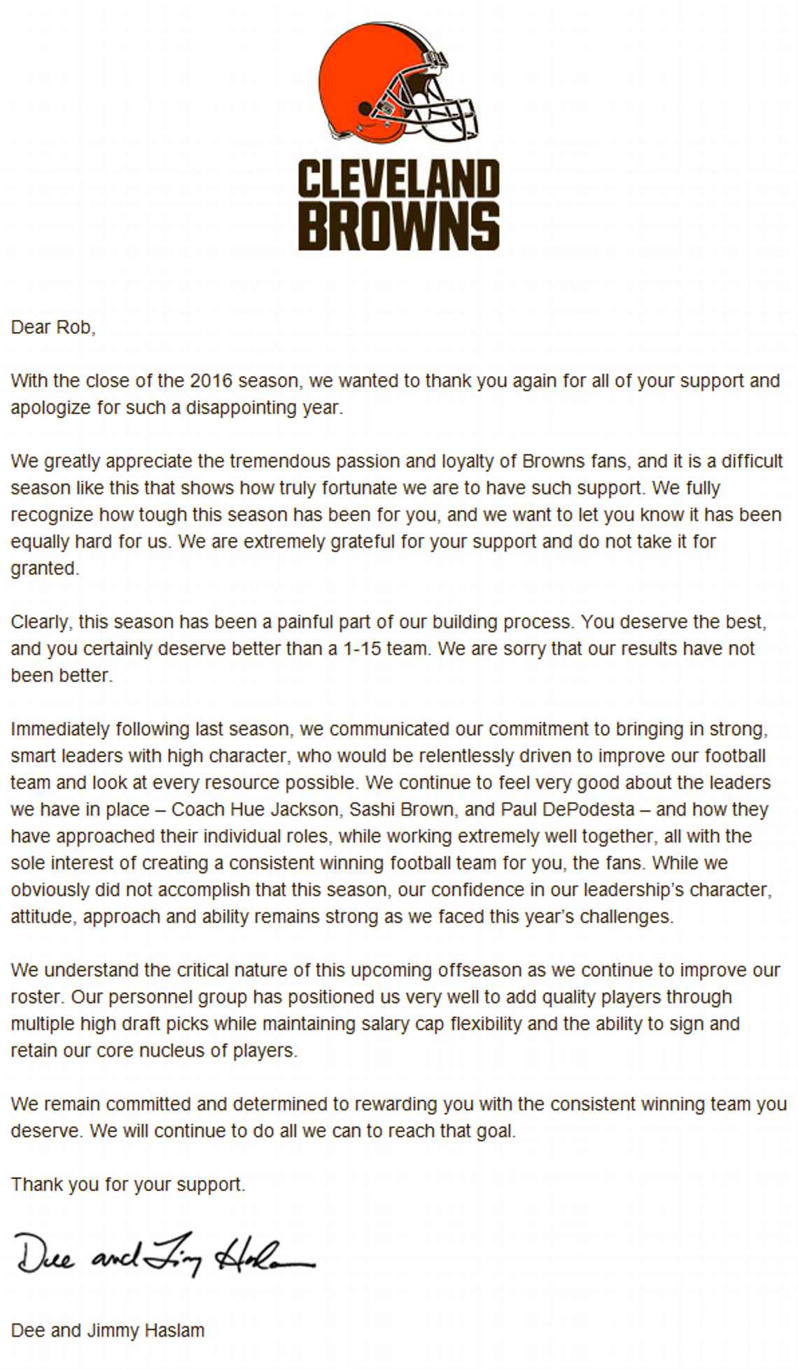 Cleveland Browns Send Apology Letter To Fans After Embarrassing 1 15 Season Daily Snark
