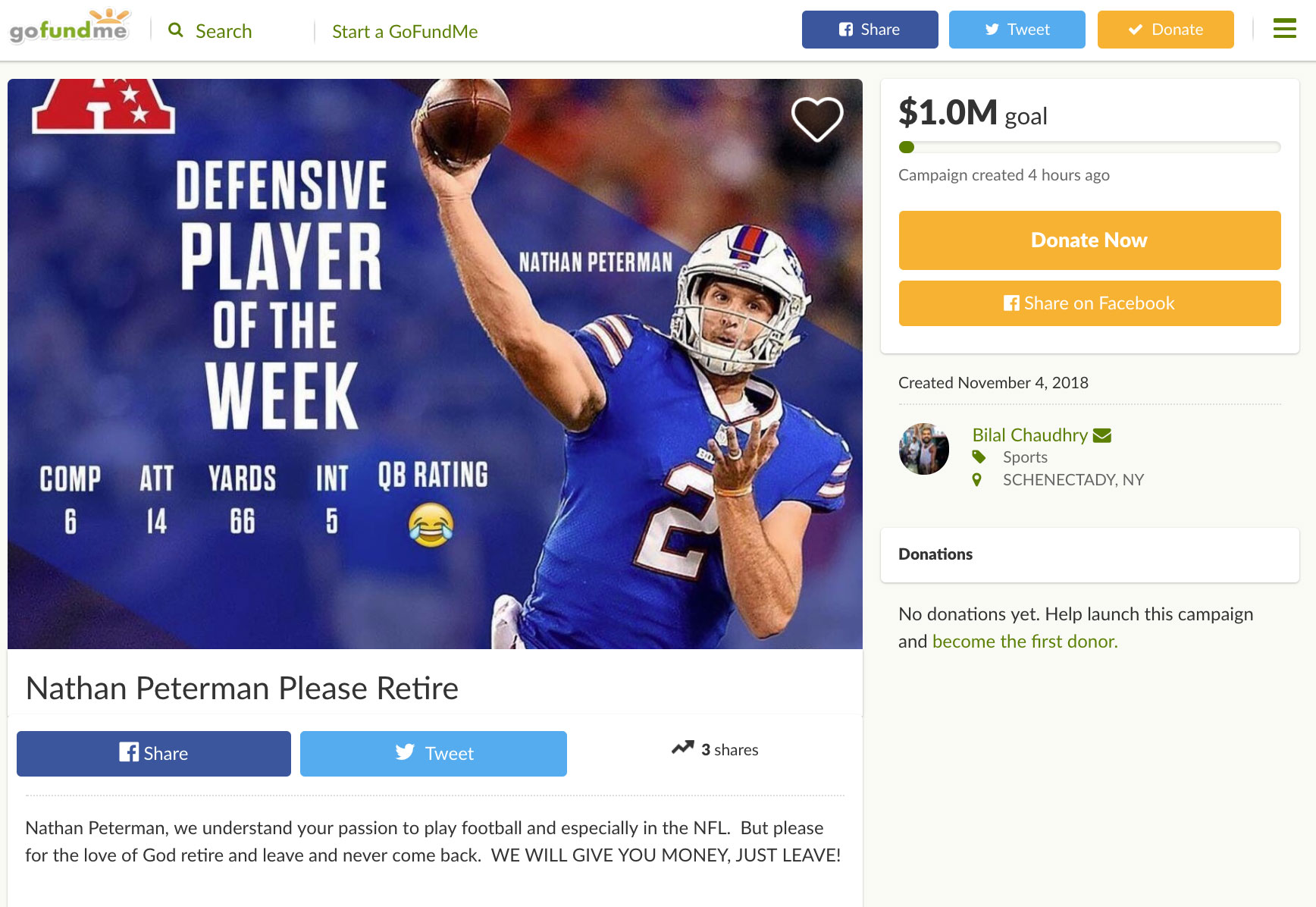 Bills Fans Start GoFundMe To Buyout Remainder Of Nathan Peterman's Contract So He'll Retire