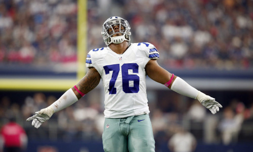 Oct 11, 2015; Arlington, TX, USA; Dallas Cowboys defensive end Greg Hardy (76) reacts up against the New England Patriots at AT&T Stadium. Mandatory Credit: Erich Schlegel-USA TODAY Sports