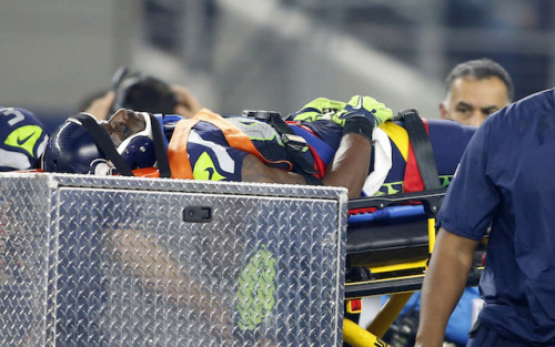 Nov 1, 2015; Arlington, TX, USA; Seattle Seahawks wide receiver Ricardo Lockette (83) is carted off the field after being injured in the second quarter against the Dallas Cowboys at AT&T Stadium. Mandatory Credit: Tim Heitman-USA TODAY Sports