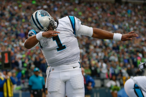 SEATTLE, WA - OCTOBER 18: Quarterback Cam Newton #1 of the Carolina Panthers celebrates after scoring a touchdown against the Seattle Seahawks at CenturyLink Field on October 18, 2015 in Seattle, Washington. (Photo by Otto Greule Jr/Getty Images) ORG XMIT: 570176333 ORIG FILE ID: 493267298
