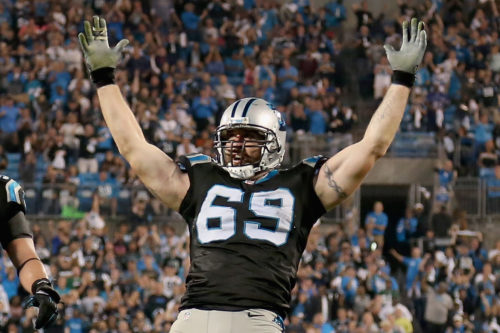 CHARLOTTE, NC - OCTOBER 25: Jared Allen #69 of the Carolina Panthers celebrates a 4th quarter sack against the Philadelphia Eagles during their game at Bank of America Stadium on October 25, 2015 in Charlotte, North Carolina. (Photo by Streeter Lecka/Getty Images)