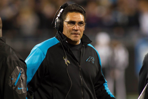 Nov 18, 2013; Charlotte, NC, USA; Carolina Panthers head coach Ron Rivera stands on the sidelines during the second quarter against the New England Patriots at Bank of America Stadium. Mandatory Credit: Jeremy Brevard-USA TODAY Sports