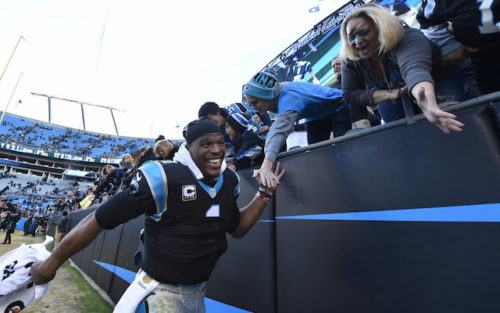 Nov 22, 2015; Charlotte, NC, USA; Carolina Panthers quarterback Cam Newton (1) with fans after the game. The Panthers defeated the Redskins 44-16 at Bank of America Stadium. Mandatory Credit: Bob Donnan-USA TODAY Sports