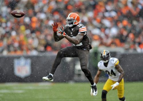 Cleveland Browns wide receiver Josh Gordon makes a catch for a first down against the Pittsburgh Steelers in the second quarter of an NFL football game Sunday, Nov. 24, 2013. (AP Photo/David Richard)