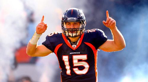 Jan 1 2012; Denver, CO, USA; Denver Broncos quarterback Tim Tebow (15) before the start of the game against the Kansas City Chiefs at Sports Authority Field. The Chiefs defeated the Broncos 7-3. Mandatory Credit: Ron Chenoy-US PRESSWIRE