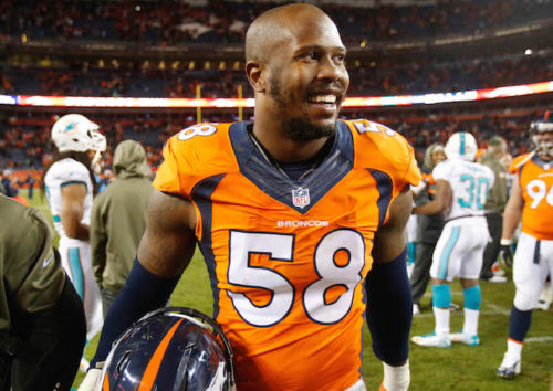 Nov 23, 2014; Denver, CO, USA; Denver Broncos outside linebacker Von Miller (58) after the game against the Miami Dolphins at Sports Authority Field at Mile High. Mandatory Credit: Chris Humphreys-USA TODAY Sports