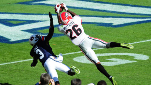 AUBURN, AL - NOVEMBER 14: Malcolm Mitchell #26 of the Georgia Bulldogs makes a catch against Jonathan Jones #3 of the Auburn Tigers on November 14, 2015 at Jordan Hare Stadium in Auburn, Alabama. Mitchell would be called for offensive pass interference on the play. Photo by Scott Cunningham/Getty Images)