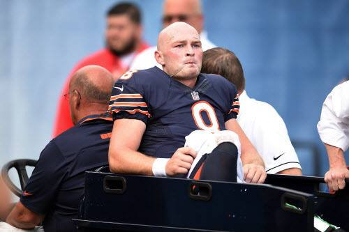 CHICAGO, IL - AUGUST 27: Connor Shaw #8 of the Chicago Bears leaves the field on a cart following a leg injury during the second half of a preseason game against the Kansas City Chiefs at Soldier Field on August 27, 2016 in Chicago, Illinois. (Photo by Stacy Revere/Getty Images) ORG XMIT: 657850127