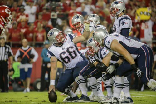 New England Patriots center Bryan Stork (66) prepares to snap the ball during the third quarter of an NFL football game against the Kansas City Chiefs Monday, Sept. 29, 2014, in Kansas City, Mo. (AP Photo/Charlie Riedel)