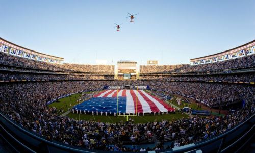 Military members hold the American Flag during the National Anthem as Coast Guard helicopters fly over head. The San Diego Chargers go onto defeat the Green Bay Packers on Saturday, August 12, 2006 at Qualcomm Stadium. The Chargers first pre-season game and 18th Annual Salute to the Military drew a crowd of 57,777. GB 3 vs SD 17.