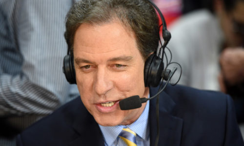 Apr 28, 2015; Los Angeles, CA, USA; TNT broadcaster Kevin Harlan attends game five of the first round of the NBA playoffs between the San Antonio Spurs and the Los Angeles Clippers at Staples Center. Mandatory Credit: Kirby Lee-USA TODAY Sports