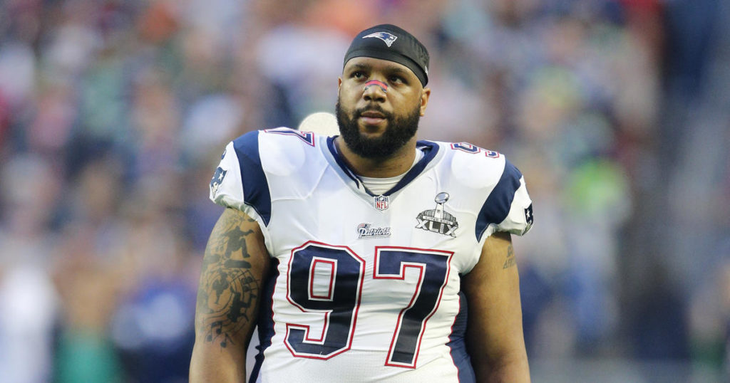 New England Patriots nose tackle Alan Branch (97) during the NFL Super Bowl XLIX football game against the Seattle Seahawks Sunday, Feb. 1, 2015, in Glendale, Ariz. The New England Patriots won 28-24. (AP Photo/Ric Tapia)