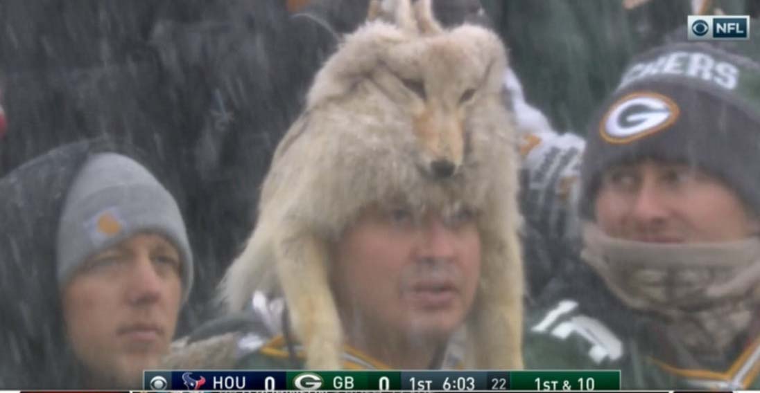 Packers Fan Wearing Full Animal Pelt as Hat in the Snow (Photo)