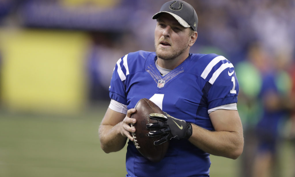 Indianapolis Colts punter Pat McAfee (1) warms up before an NFL football game Tennessee Titans in Indianapolis, Sunday, Nov. 20, 2016. (AP Photo/Darron Cummings) ORG XMIT: INMC1