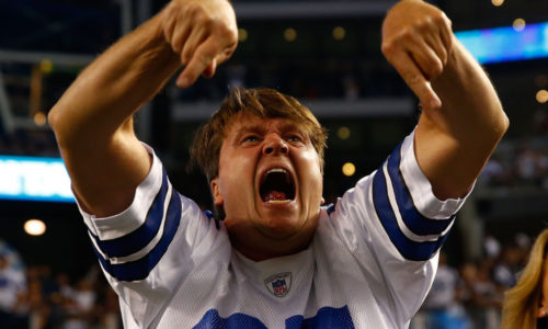 ARLINGTON, TX - OCTOBER 27: A Dallas Cowboys fan reacts during the second half against the Washington Redskins at AT&T Stadium on October 27, 2014 in Arlington, Texas. (Photo by Tom Pennington/Getty Images) ORG XMIT: 507846693 ORIG FILE ID: 457969800