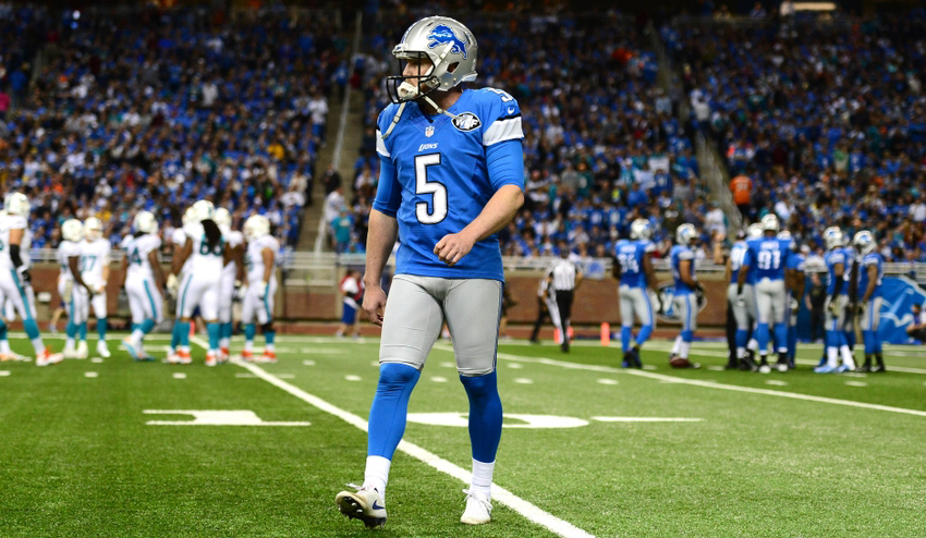 Nov 9, 2014; Detroit, MI, USA; Detroit Lions kicker Matt Prater (5) walks off the field after a field goal was blocked and return to the five yard line during the third quarter against the Miami Dolphins at Ford Field. Mandatory Credit: Andrew Weber-USA TODAY Sports