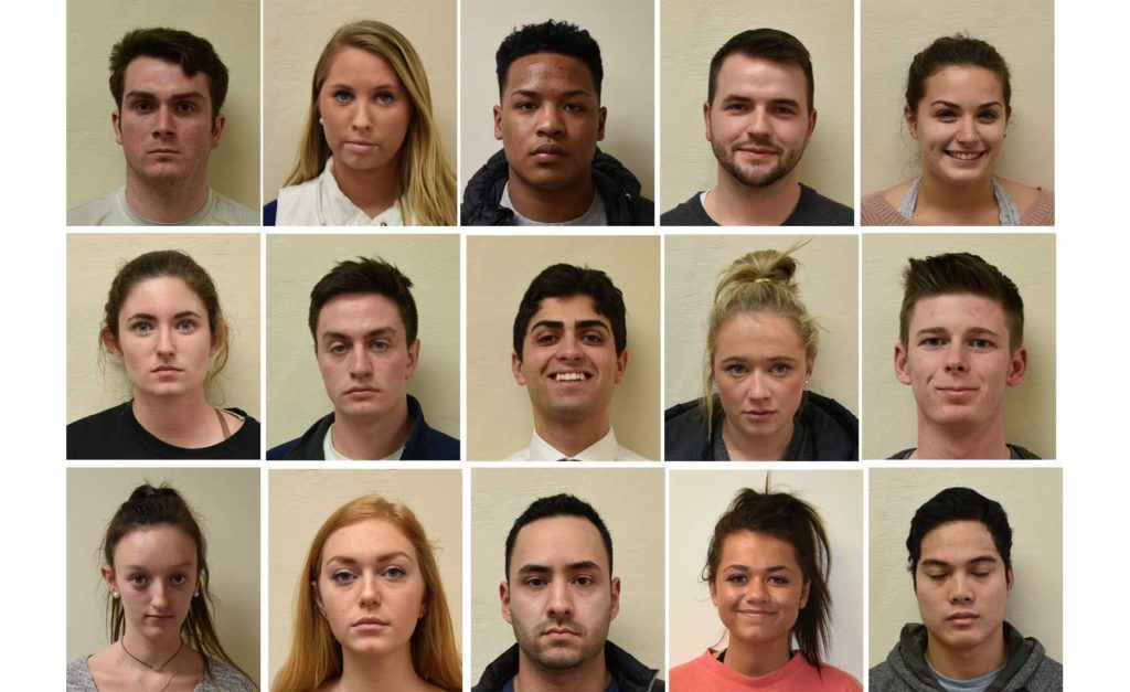 Top row, from left: Michael Barbieri, 19, of Newton, Mass.; Sophia Benedetti, 20, of Danbury, Conn.; Malik Carter, 18, of Sandwich; Garrett Colantino, 22, of Reading, Mass.; and Cheyenne Collins, 19, of Taunton, Mass. Middle row, from left: Elizabeth Connolly, 19, of Dorchester, Mass.; Michael DeAngelis, 20, of Trumbull, Conn.; Shaan DeJong, 19, of Hooksett; Jean Douglas, 19, of Canandaigua, N.Y.; and William Glynn, 19, of Norfolk, Mass. Bottom row, from left: Kaitlin Goulart, 18, of Falmouth, Mass.; Nicole Grabe, 19, of Fairfield, Conn.; German Ortiz, 24, of Bedford; Kyla Robinson, 18, of Hooksett; and Tyler Young, 22, of Epping. - See more at: http://www.unionleader.com/crime/Police-charge-15-people-with-criminal-mischief-in-UNH-post-Super-Bowl-celebration-02222017#sthash.4GbwsK39.dpuf