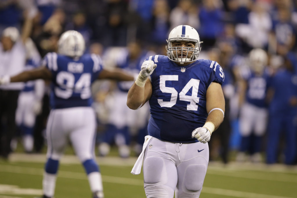 Indianapolis Colts nose tackle David Parry (54) celebrates defensive stop against the Tampa Bay Buccaneers during the second half of an NFL football game in Indianapolis, Sunday, Nov. 29, 2015. (AP Photo/Darron Cummings)
