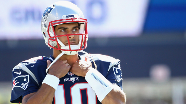 FOXBORO, MA - SEPTEMBER 27: Jimmy Garoppolo #10 of the New England Patriots looks on during the game against the Jacksonville Jaguars at Gillette Stadium on September 27, 2015 in Foxboro, Massachusetts. (Photo by Maddie Meyer/Getty Images)
