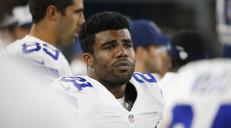 Dallas Cowboys running back Ezekiel Elliott (21), on the sideline during the second half of an NFL preseason football game against the Miami Dolphins on Friday, Aug. 19, 2016, in Arlington, Texas. (AP Photo/Ron Jenkins)