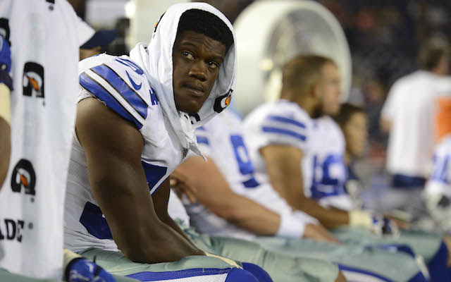 Aug 13, 2015; San Diego, CA, USA; Dallas Cowboys defensive end Randy Gregory (94) looks on during the fourth quarter against the San Diego Chargers in a preseason NFL football game at Qualcomm Stadium. Mandatory Credit: Jake Roth-USA TODAY Sports