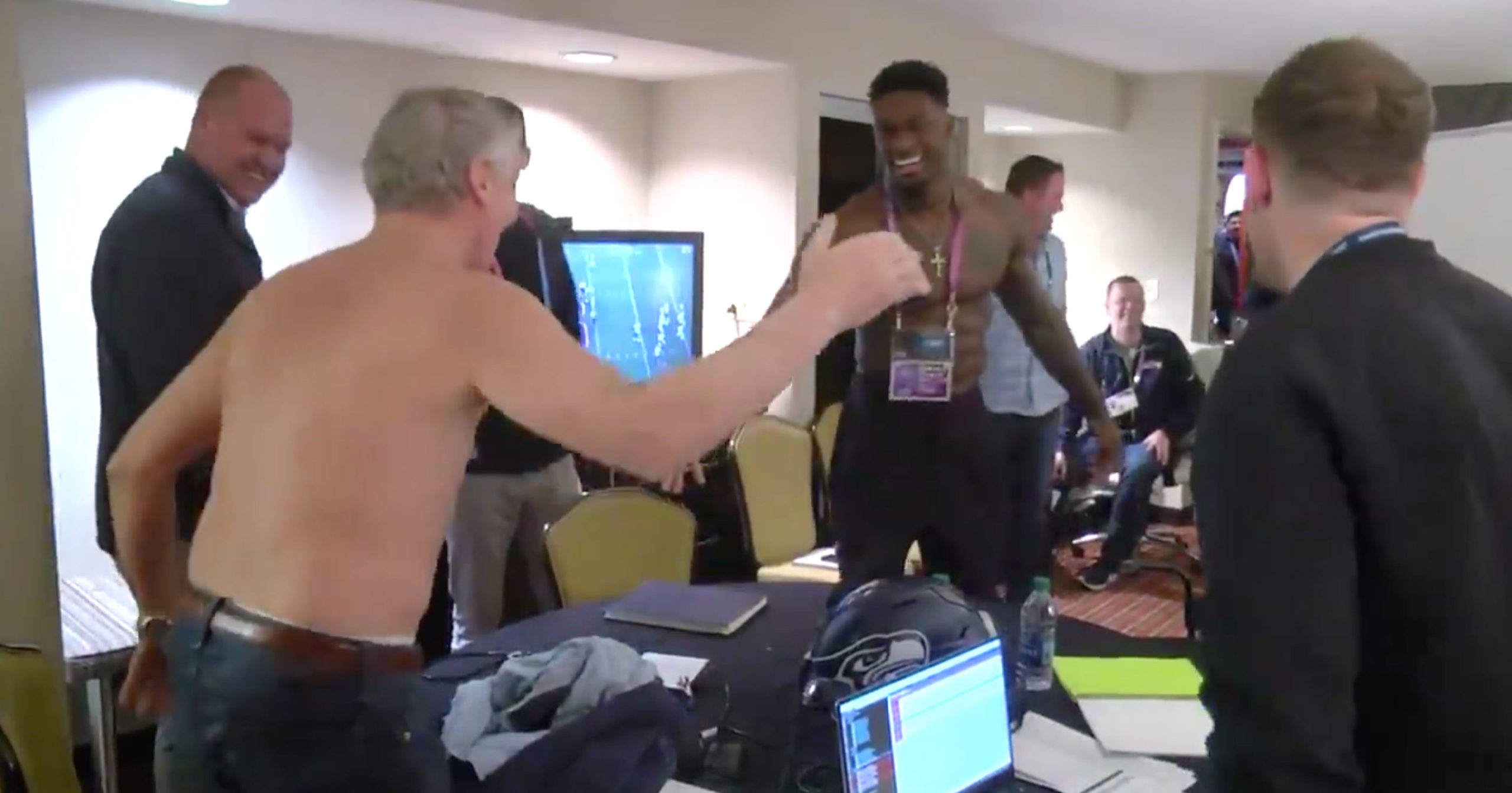 67-Year-Old Seahawks Coach Pete Carroll Rips His Shirt Off To Meet .  Metcalf (VIDEO)