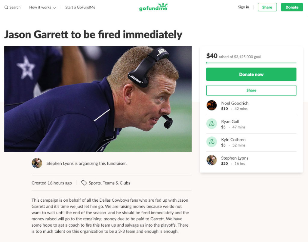 Cowboys Fans Start GoFundMe To Buyout Remainder Of Jason Garrett's Contract To Get Him ...1024 x 804