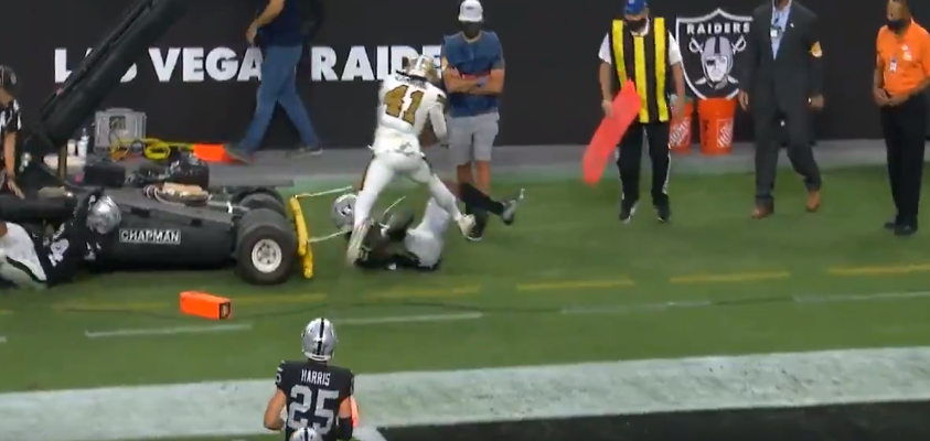 Raiders safety Johnathan Abram has scary collision with TV cart on MNF