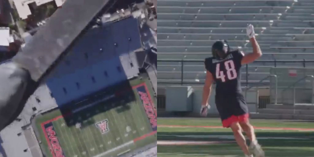 Bucs TE Rob Gronkowski catches football dropped from helicopter