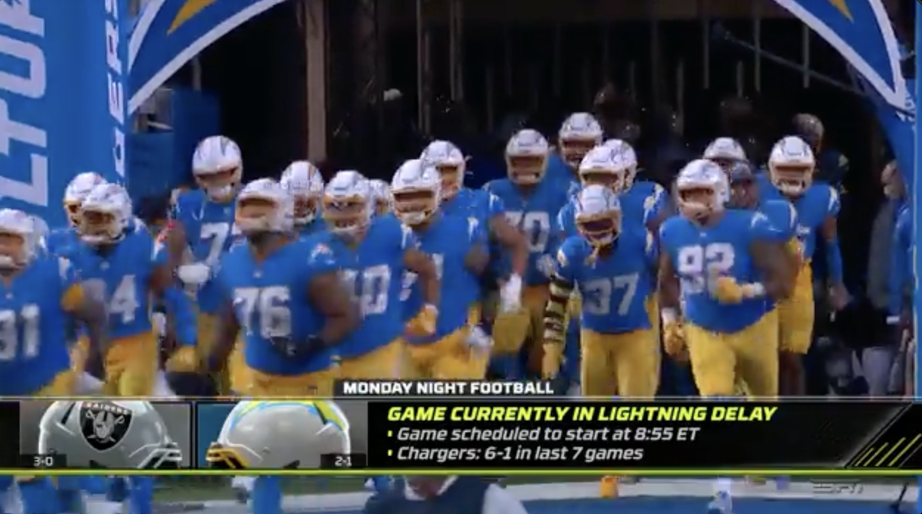 Start of Raiders-Chargers game delayed by lightning