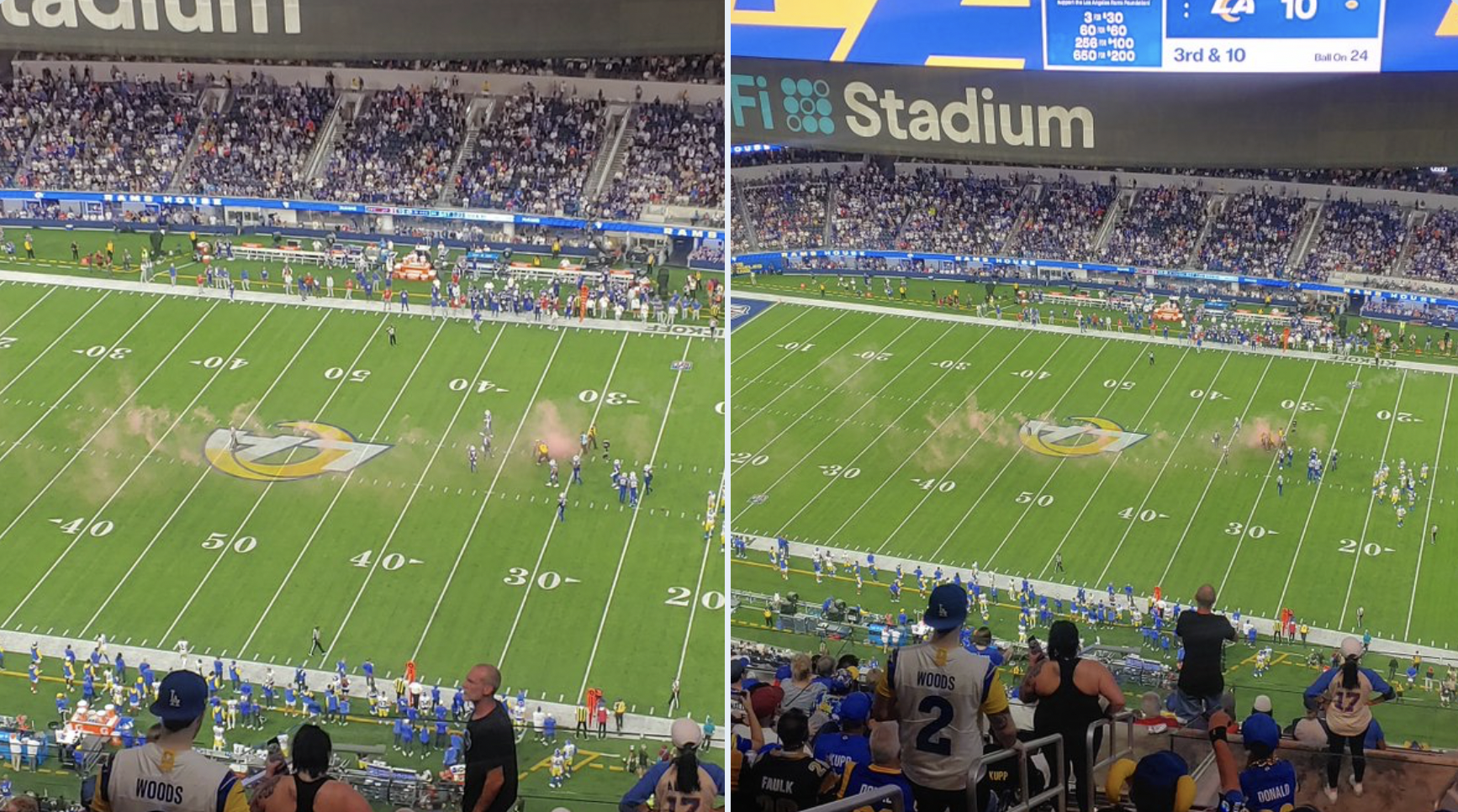 A fan halts play in the NFL season opener by sprinting onto the SoFi  Stadium field with a pink FLARE