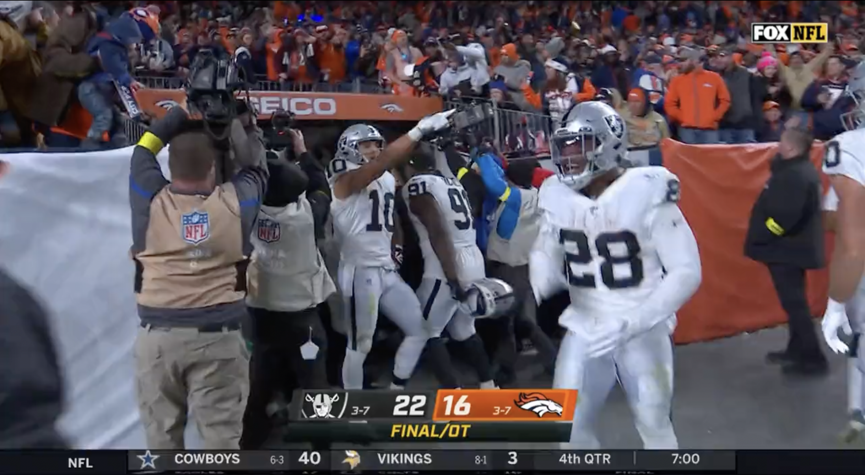 Raiders win in overtime, defeat Broncos 22-16