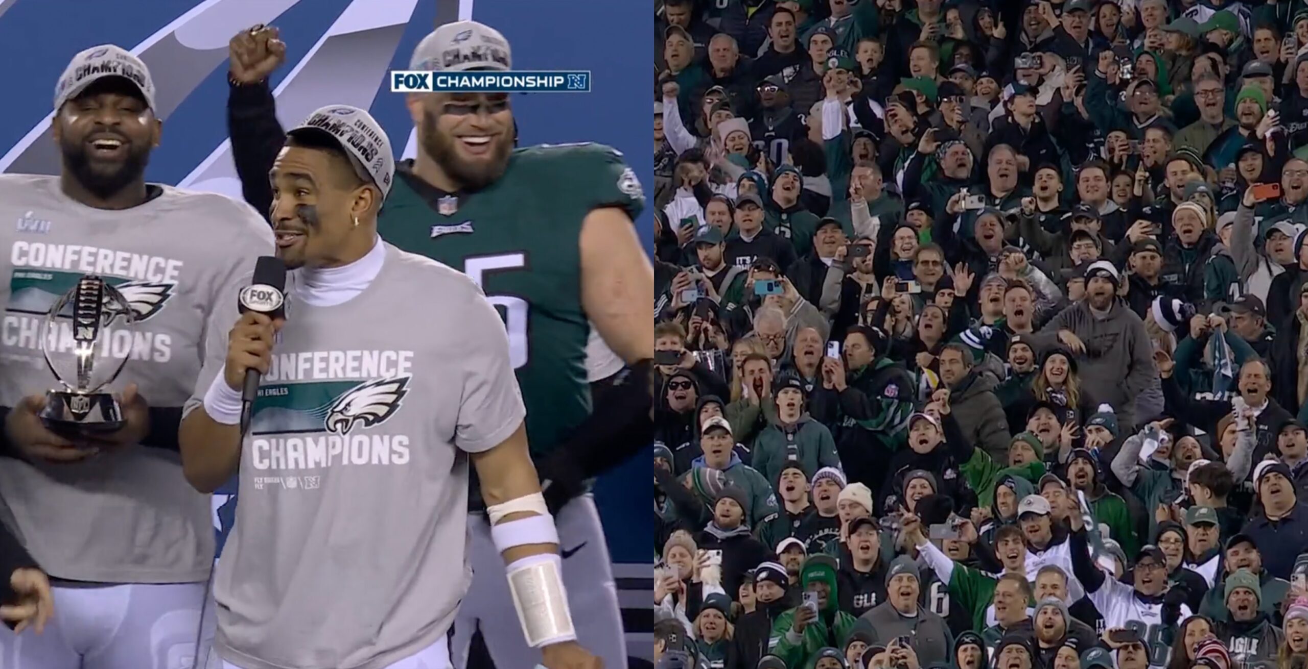 The Eagles hoist the NFC Championship trophy and Jalen Hurts leads fans in  singing 'Fly Eagles Fly'