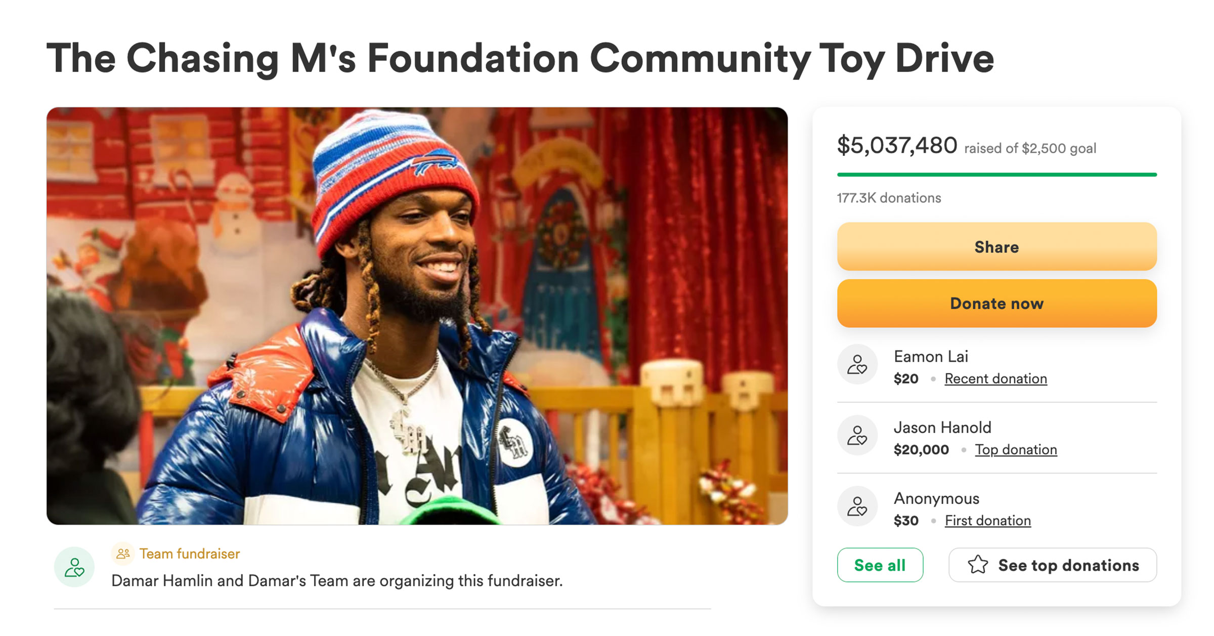 Damar Hamlin's Toy Drive Raises More Than $6.5 Million After His