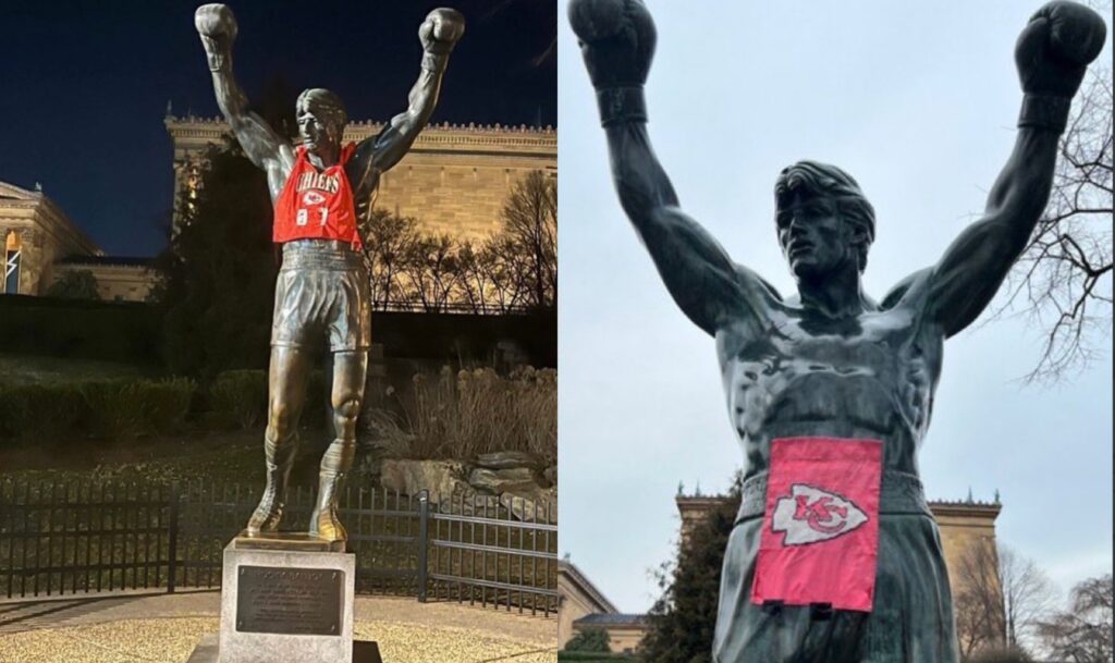 rocky statue with eagles jersey
