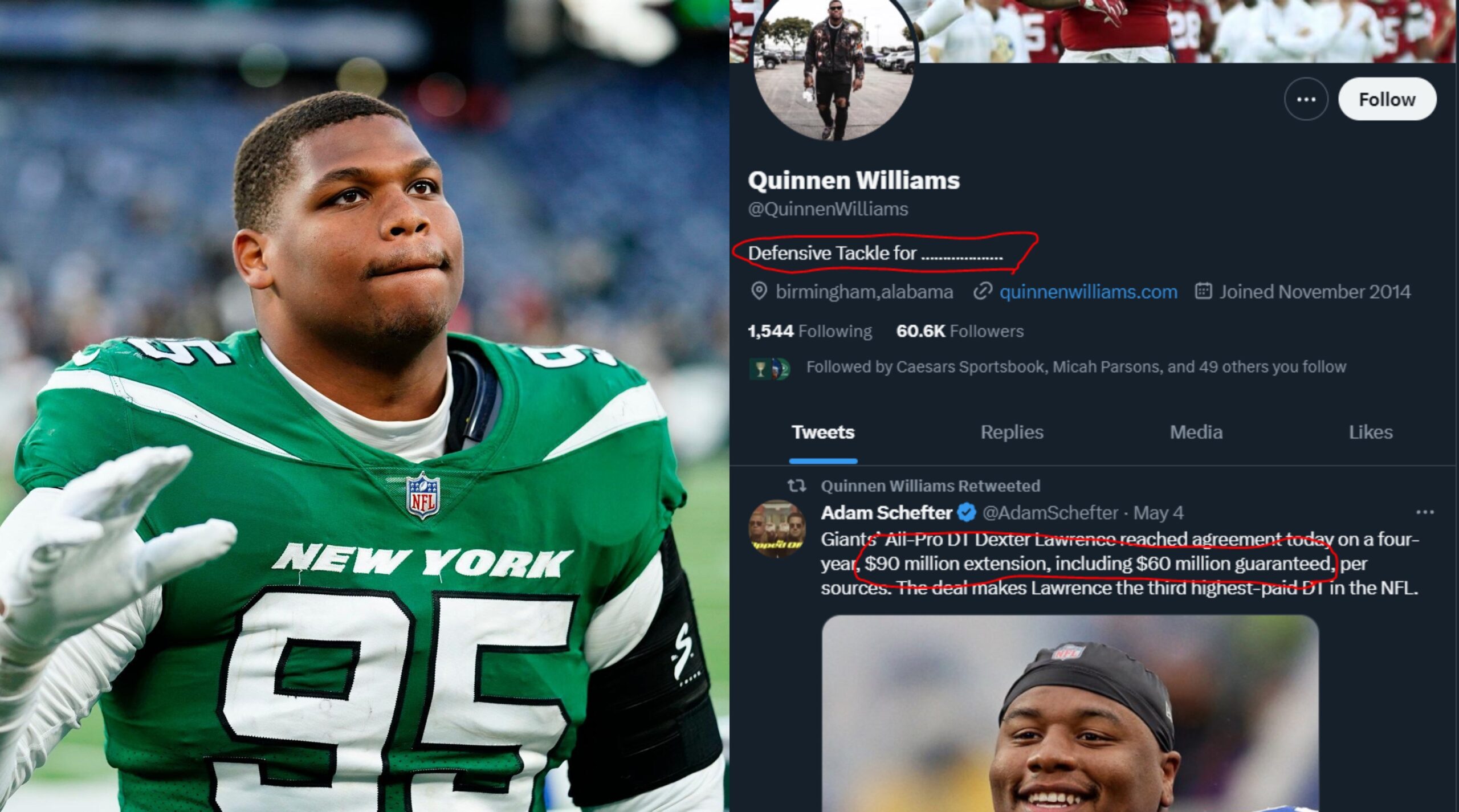 Quinnen Williams Latest Social Media Activity Suggests He's Unhappy With  How Contract Negotiations With The Jets Are Going - Daily Snark