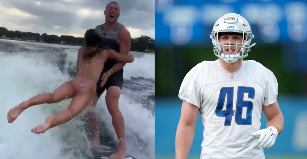 Detroit Lions' Jack Campbell tackled by fiancé while wakesurfing