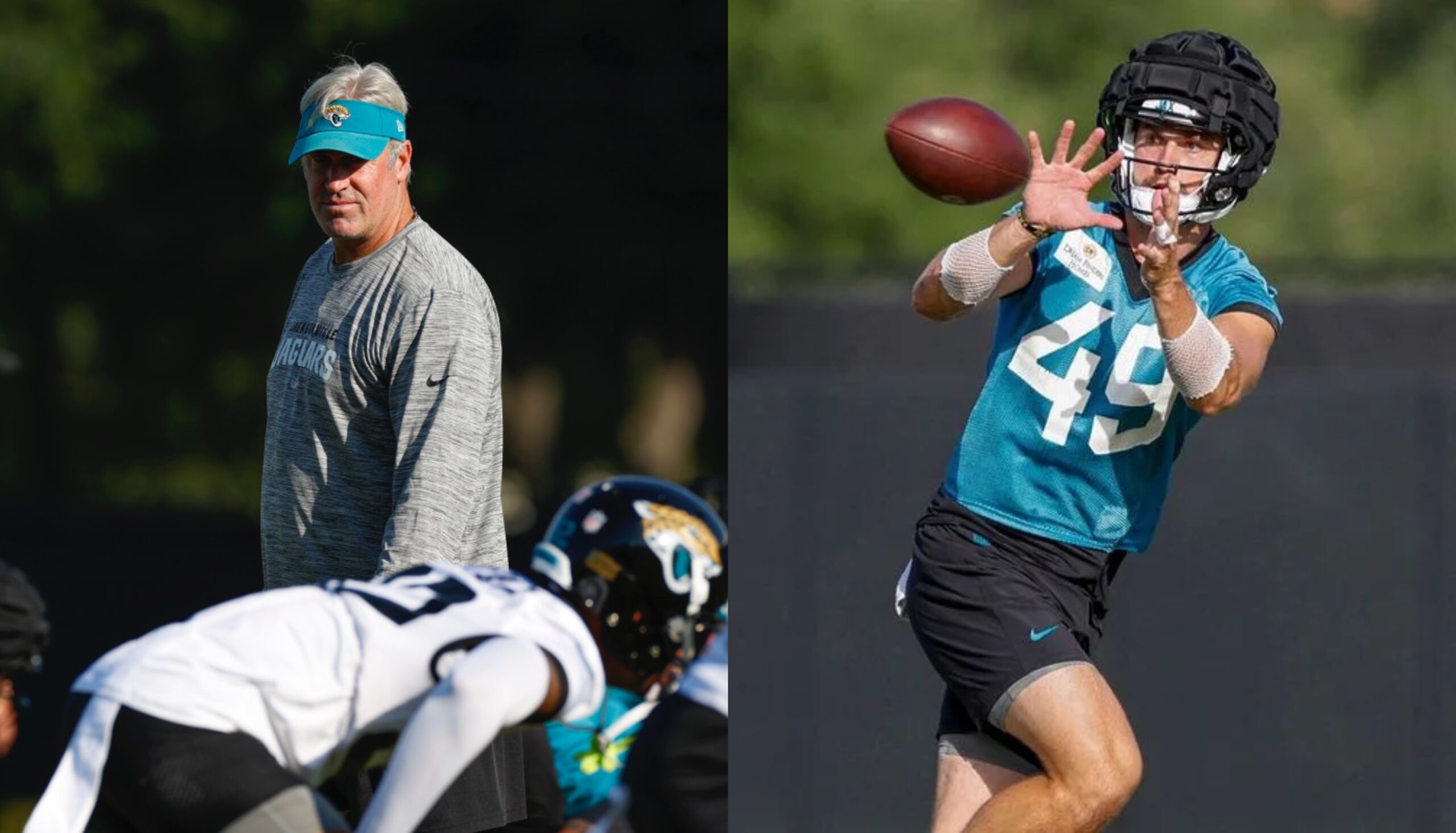 Jacksonville Jaguars tight ends Josh Pederson (49), left, and