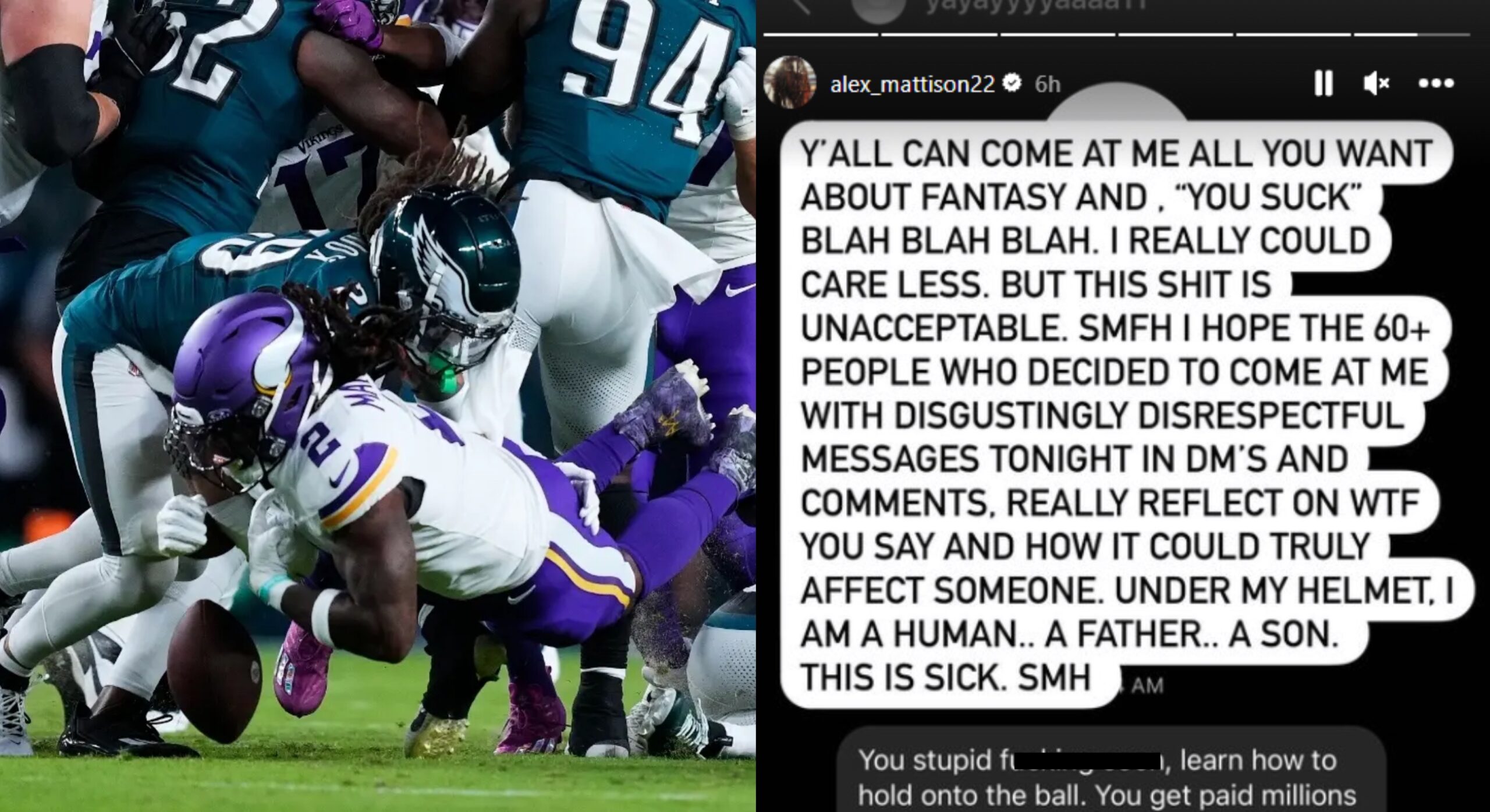 Alexander Mattison shares racist message sent from fan after Vikings' loss  to Eagles