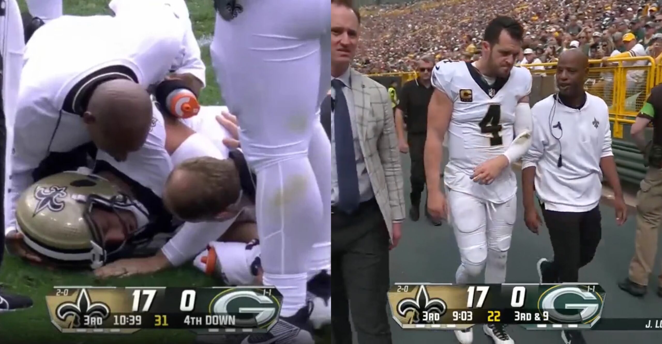 Saints' Derek Carr leaves game against Packers with shoulder injury after  getting sacked