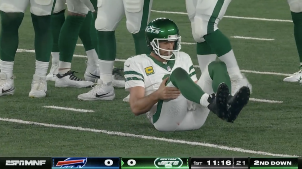 New Buffalo Bills pass rusher sacks Jets' Aaron Rodgers, who was carted off  field after 4 plays 