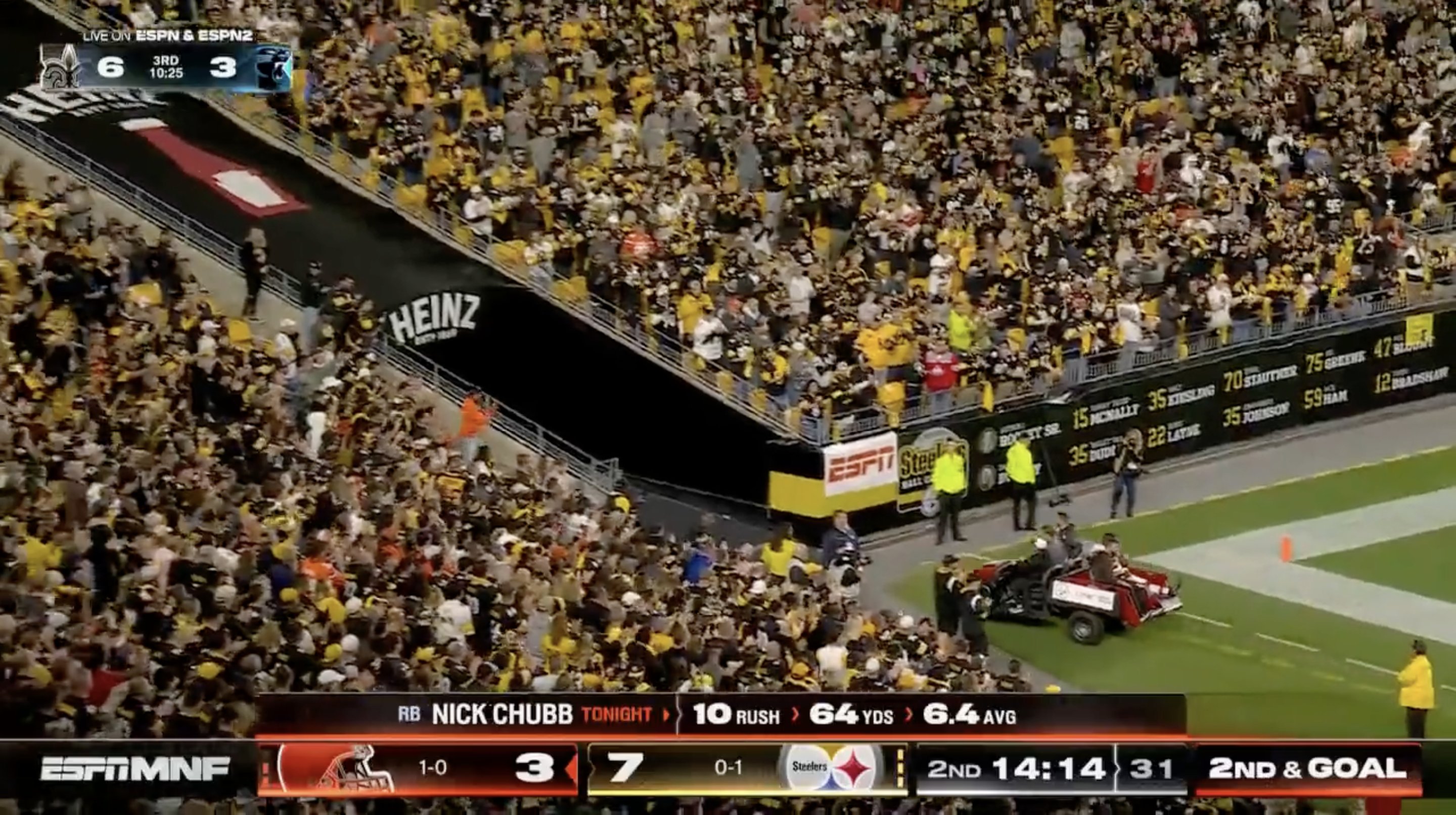 Steelers Crowd Shocked by Replay of Nick Chubb Knee Injury