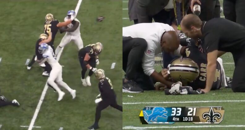 Saints QB Derek Carr Carted Off The Field After Being Brutally Slammed ...