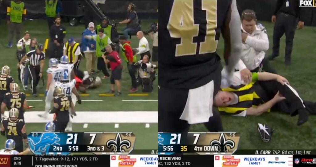 Sideline Official Has His Leg Broken After Collision With Alvin Kamara  During Lions-Saints Game - Daily Snark