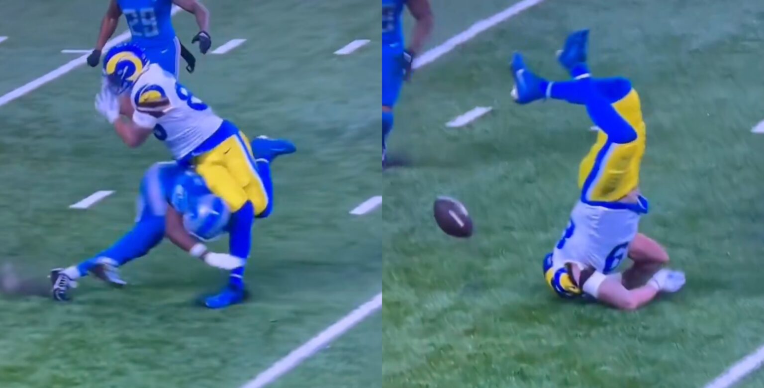 Rams TE Tyler Higbee Takes A Brutal To The Knee From Lions' Kerby