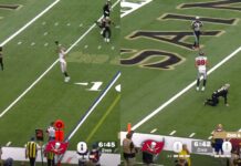 Bucs’ Anthony Nelson Bats Spencer Rattler Pass Into Air And Intercepts For A Pick-6 TD