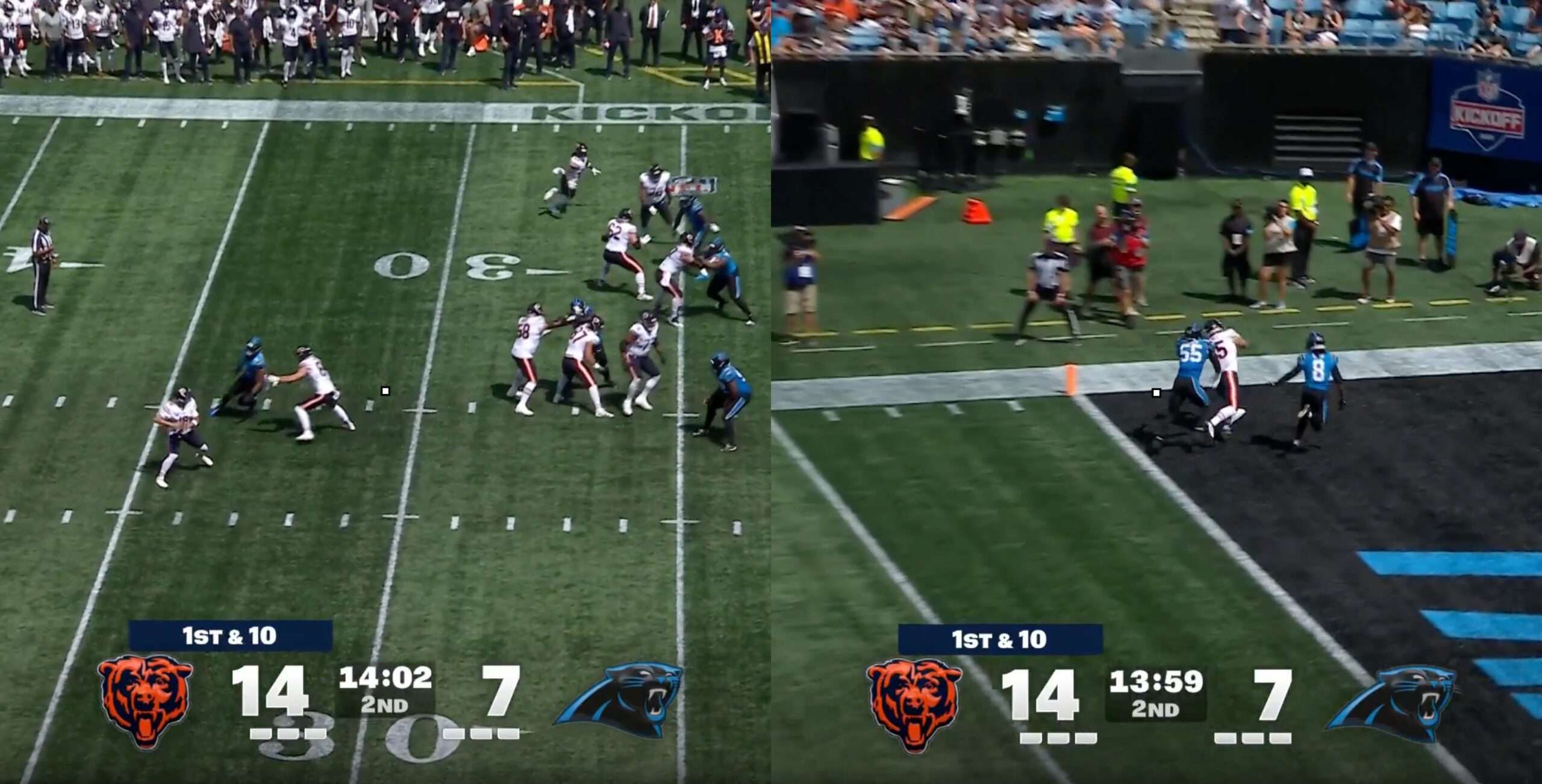 Caleb Williams Throws A Perfect Ball Into Double Coverage To Cole Kmet For A TD vs Panthers (VIDEO)
