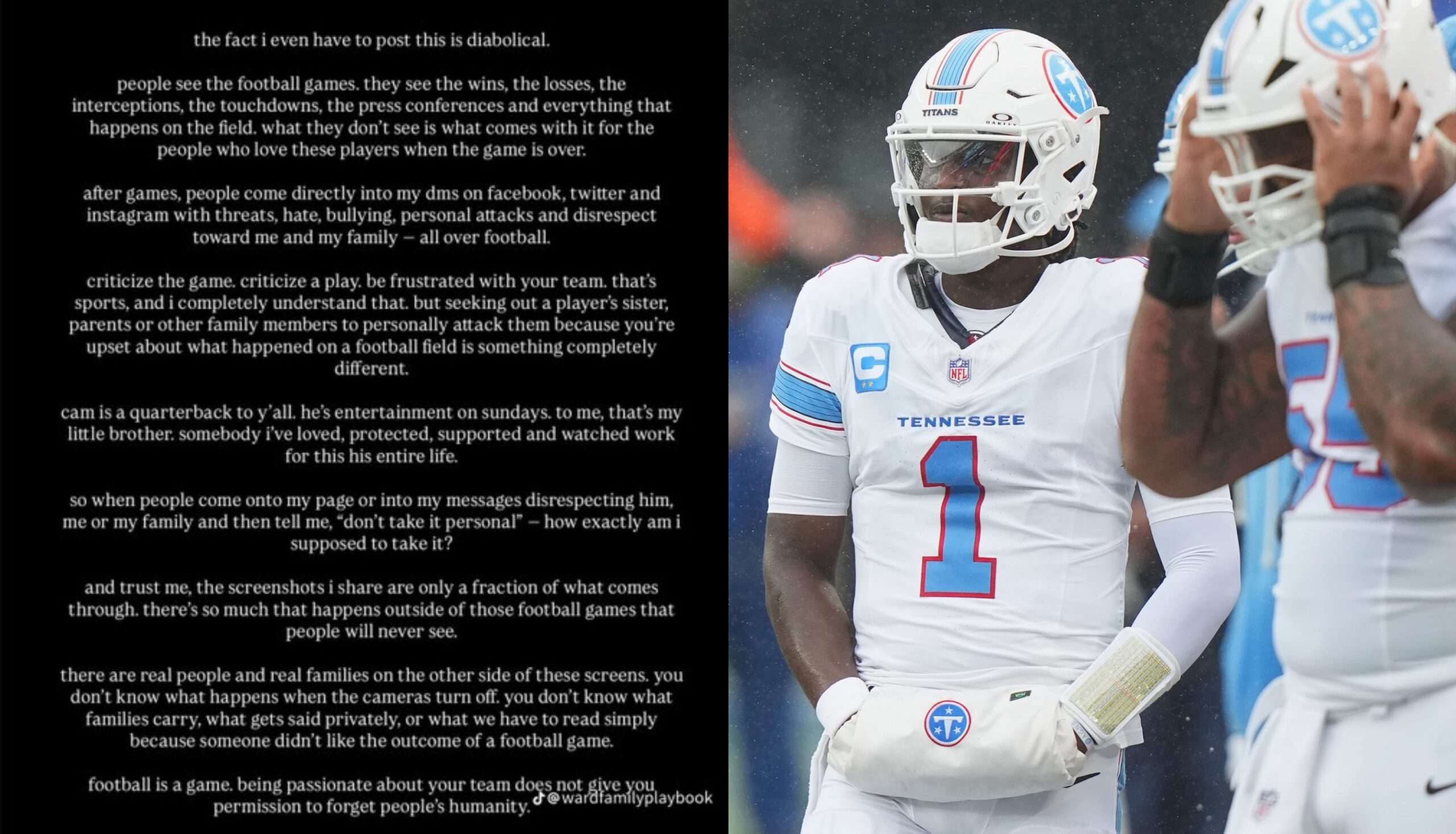 Cam Wardâs Sister Releases Statement On âDiabolicalâ Harassment And Threats Made To Titans QB - Daily Snark