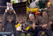Brewers Show Up To Lambeau Field With World Series Trophy, Do Lambeau Leap During TNF Game (VIDEO)